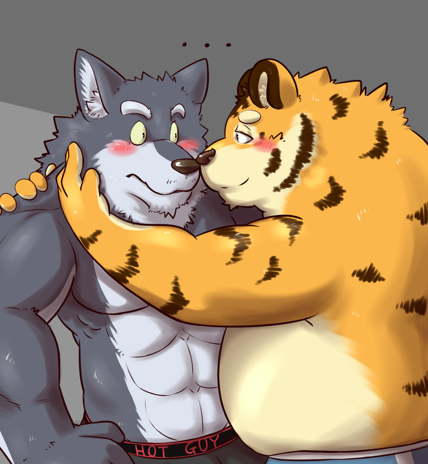 anthro barazoku belly blush clothing duo ellipsis hug humanoid_hands kemono kissing male male/male muscular overweight overweight_male simple_background underwear wdh3905 canid canine canis felid mammal pantherine tiger wolf 2015 hi_res