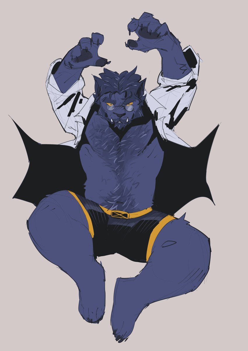 anthro barefoot black_boxer_briefs black_clothing black_underwear blue_body blue_fur boxer_briefs chest_exposed claws clothing coat exposed_teeth eyewear feet fur glasses jumping lab_coat male pupils slit_pupils snaggle_teeth solo topwear underwear yellow_eyes yellow_seam_boxer_briefs mashtateos marvel x-men beast_(marvel) felid feline mammal mutant_(x-men) absurd_res hi_res