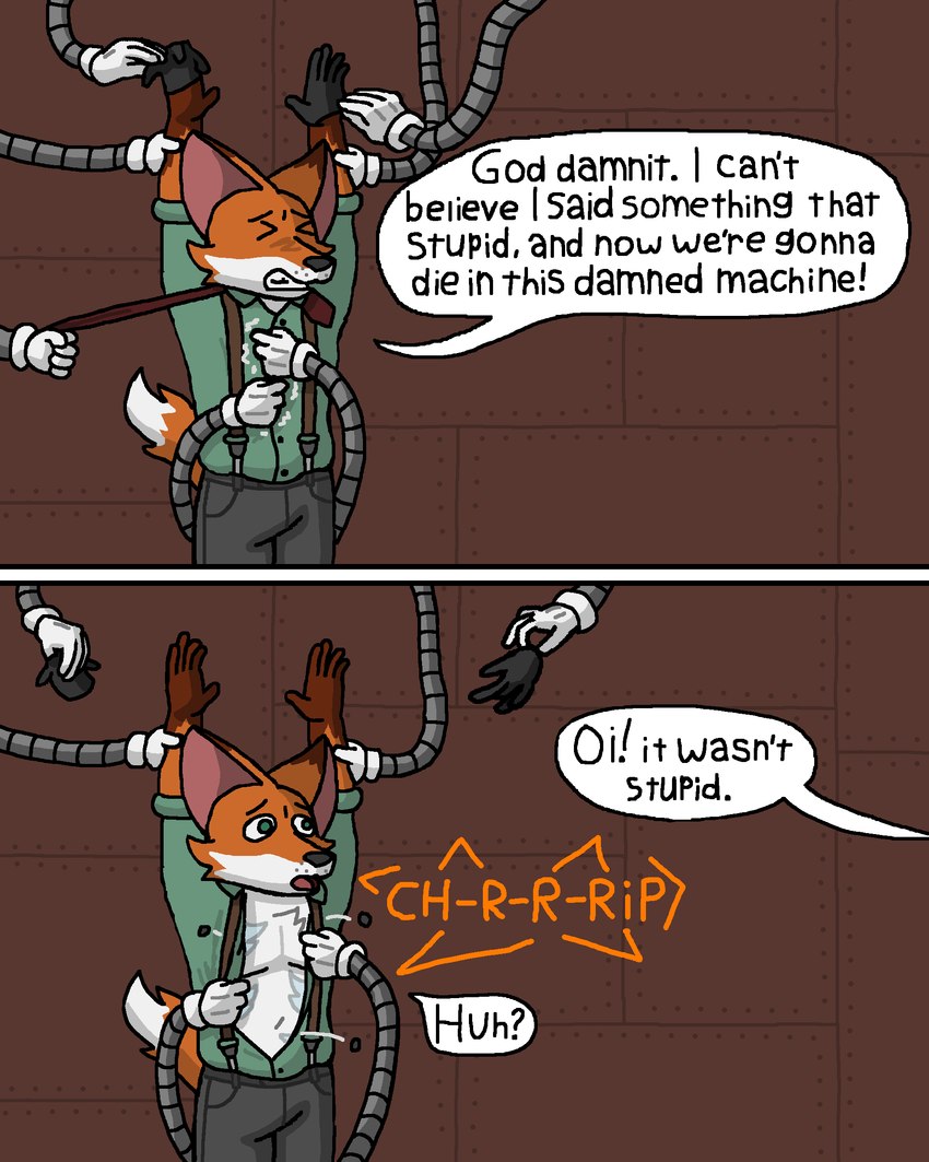 1940s_theme anthro assisted_exposure clothed clothing dialogue gloves handwear machine male necktie open_clothing open_shirt open_topwear opening_shirt robot_arm shirt snout solo suspenders tail text topwear undone_tie undressing worried myaxy terrence_grant canid canine fox mammal 4:5 absurd_res comic english_text hi_res