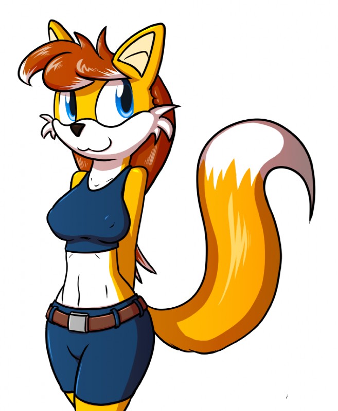 anthro belt cloth clothed clothing female hair hands_behind_back long_hair navel nipple_outline shirt simple_background smile solo tank_top topwear white_background tg-0 sega sonic_the_hedgehog_(series) dusk_sentry fan_character canid canine fox mammal 2018 digital_media_(artwork) hi_res