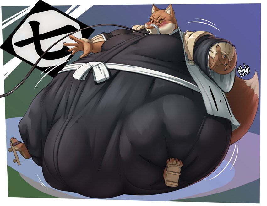 4_toes 5_fingers anthro asian_clothing belly belly_expansion belly_inflation big_belly big_bulge black_clothing blush body_inflation bottomwear brown_body brown_fur bulge cheek_bulge claws clothing countershading detailed_bulge east_asian_clothing expansion feet fingers footwear fur geta gradient_background hakama haori hose hose_in_mouth hose_inflation huge_bulge hyper hyper_bulge inflation japanese_clothing looking_at_belly looking_down looking_down_at_self male moobs motion_lines puffed_cheeks shadow simple_background sitting solo taped_mouth toes yellow_sclera milkybody bleach_(series) sajin_komamura canid canine canis mammal wolf absurd_res hi_res