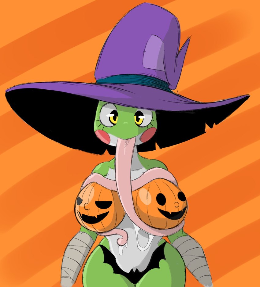 abstract_background anthro auto_breast_lick big_breasts bikini bikini_bottom biped bodily_fluids bodypaint breast_lick breast_play breasts clothed clothing costume countershade_torso countershading curvy_figure dripping erect_nipples female green_body halloween_costume hat headgear headwear holidays hourglass_figure jack-o'-lantern licking mostly_nude nipples saliva saliva_drip self_lick solo swimwear thick_thighs tongue topless two-piece_swimsuit white_body wide_hips witch_hat yellow_eyes noirchaton4 halloween grefina_(noirchaton4) amphibian frog tree_frog hi_res