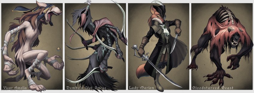 ambiguous_gender anthro arm_wraps claws clothed clothing costume dark_body feathers female group hair hood jewelry light_body long_hair male melee_weapon multi_limb orb spine text torn_clothing weapon wraps conditional_dnp loupgarou beauty_and_the_beast bloodborne disney dumbo_(movie) fromsoftware robin_hood_(disney) sony_corporation sony_interactive_entertainment treasure_planet beast_(disney) captain_amelia dumbo lady_maria_(bloodborne) maid_marian mergo's_wet_nurse_(bloodborne) vicar_amelia beast_(bloodborne) blood-starved_beast_(bloodborne) canid canine fox humanoid mammal red_fox true_fox crossover english_text