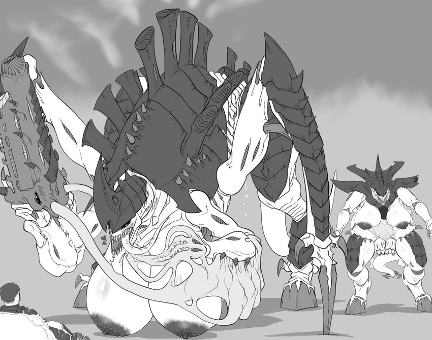 anthro big_breasts blush bodily_fluids breasts female genital_fluids group huge_breasts interspecies male male/female nipples sex vaginal_fluids xenophilia ricedawg warhammer_(franchise) warhammer_40000 human mammal tyranid tyrannofex absurd_res hi_res monochrome