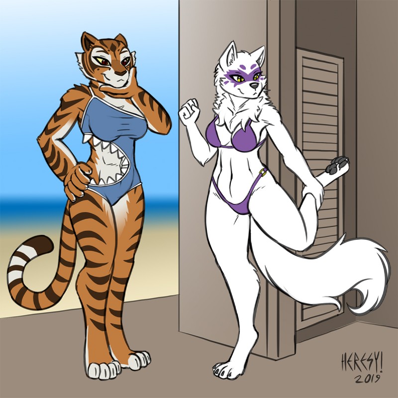 4_toes anthro barefoot beach belly_cutout bikini black_nose black_pawpads chest_tuft claws clothing cutout digitigrade duo feet female female/female fluffy fluffy_tail fur hand_on_hip navel neck_tuft on_one_leg one-piece_swimsuit orange_body orange_fur pawpads paws red_eyes seaside sharkini smile soles standing swimwear tail toe_claws toes tuft two-piece_swimsuit white_body white_fur yellow_eyes yellow_sclera heresy_(artist) dreamworks kung_fu_panda teenage_mutant_ninja_turtles alopex master_tigress arctic_fox canid canine felid fox mammal pantherine tiger true_fox 1:1 2019 crossover digital_media_(artwork) hi_res