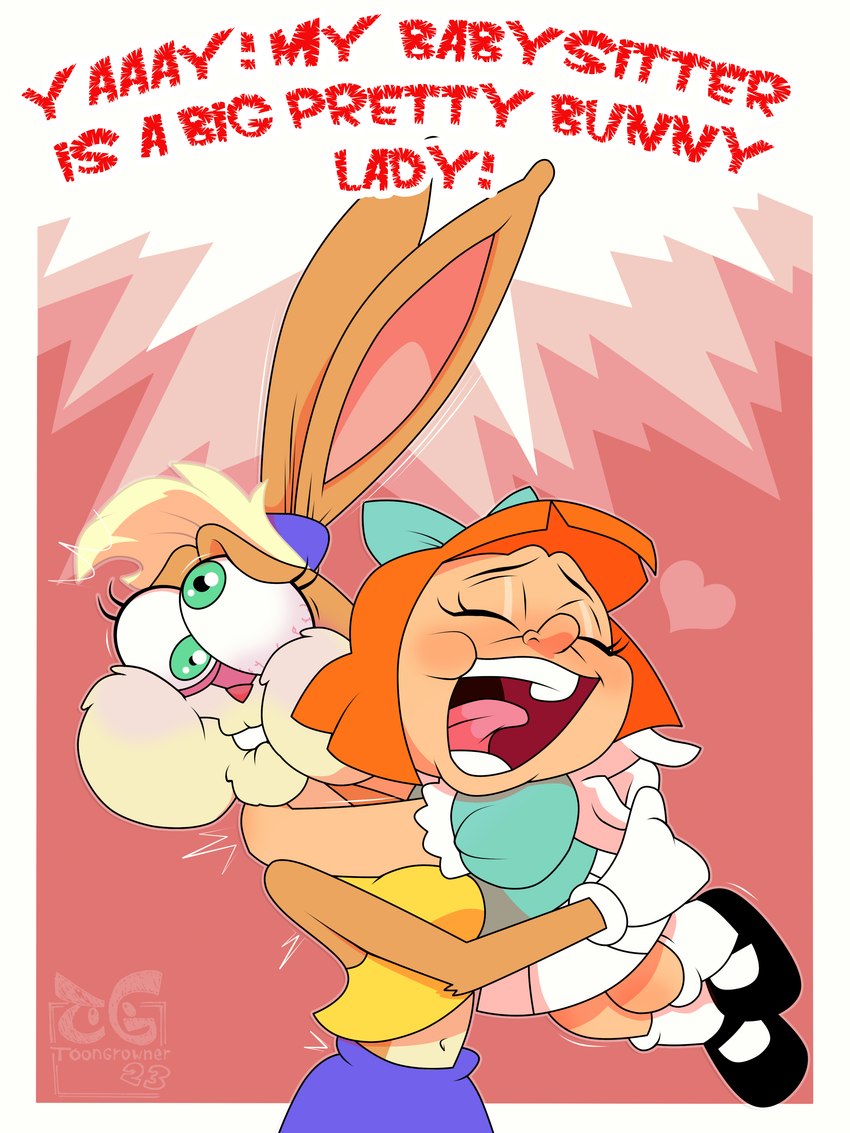 anthro blonde_hair blush breasts buckteeth clothed clothing duo eyes_closed female fur gloves hair handwear hug simple_background smile teeth text toongrowner looney_tunes tiny_toon_adventures warner_brothers elmyra_duff lola_bunny human lagomorph leporid mammal rabbit 3:4 absurd_res digital_media_(artwork) english_text hi_res