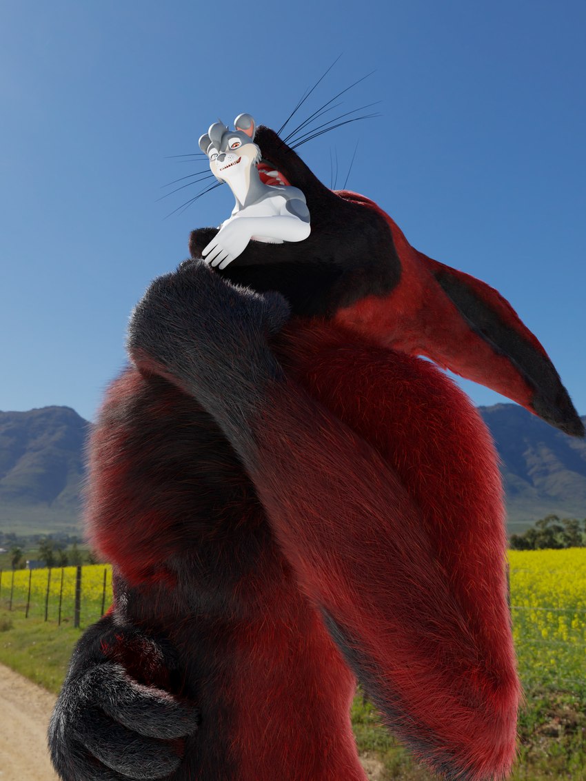 ambiguous_gender anthro black_body black_fur blue_sky duo fluffy fur male male/male male_pred male_prey partially_inside puffy_chest red_body red_fur sky tulpa vore n00dle racf92 danger_n00dle demon rexouium rendered 3d_(artwork) absurd_res digital_media_(artwork) hi_res