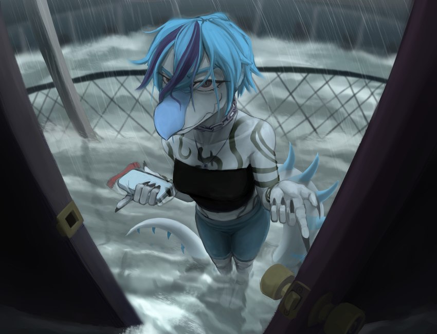 5_fingers anthro black_clothing black_topwear black_tube_top blue_body blue_bottomwear blue_clothing blue_hair blue_highlights blue_scales blue_shorts body_tattoo bottomwear cellphone chain_necklace claws clothing detailed_background doorway electronics eyelashes female finger_claws fingers flood flooding grey_eyes hair highlights_(coloring) jewelry long_tail looking_at_viewer multicolored_hair necklace partially_submerged phone raining scales short_hair shorts smartphone smile snout solo spiked_tail spikes spikes_(anatomy) tail tattoo topwear tube_top two_tone_hair wet wet_hair half-coco goodbye_volcano_high nick_(gvh) baryonyx dinosaur prehistoric_species reptile scalie spinosaurid theropod 2025 digital_drawing_(artwork) digital_media_(artwork) hi_res
