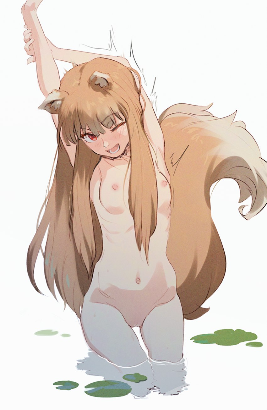 5_fingers animal_ears animal_tail arms_above_head bangs big_tail blush blush_lines breasts dipstick_ears dipstick_tail ear_markings eyebrow_through_hair eyebrows eyelashes female female_humanoid fingers fluffy fluffy_tail front_view fur furry_tail genitals hair hands_above_head inner_ear_fluff innie_pussy kneeling kneeling_in_water light_body light_skin lily_pad long_hair long_tail looking_at_viewer markings multicolored_ears navel nipples nude nude_female nude_humanoid one_eye_closed open_mouth open_smile orange_body orange_ears orange_fur orange_hair orange_tail pink_blush pink_nipples plant pose pupils pussy raised_arms red_eyes simple_background skinny skinny_female skinny_humanoid small_breasts smile smiling_at_viewer solo stretching tail tail_markings tan_body tan_ear_tips tan_fur tan_inner_ear_fluff tan_markings tan_tail_tip tan_tuft translucent translucent_hair tuft water white_background white_sclera butterchalk spice_and_wolf holo_(spice_and_wolf) canid canine fox humanoid hybrid mammal 2025 full-length_portrait hi_res pinup portrait