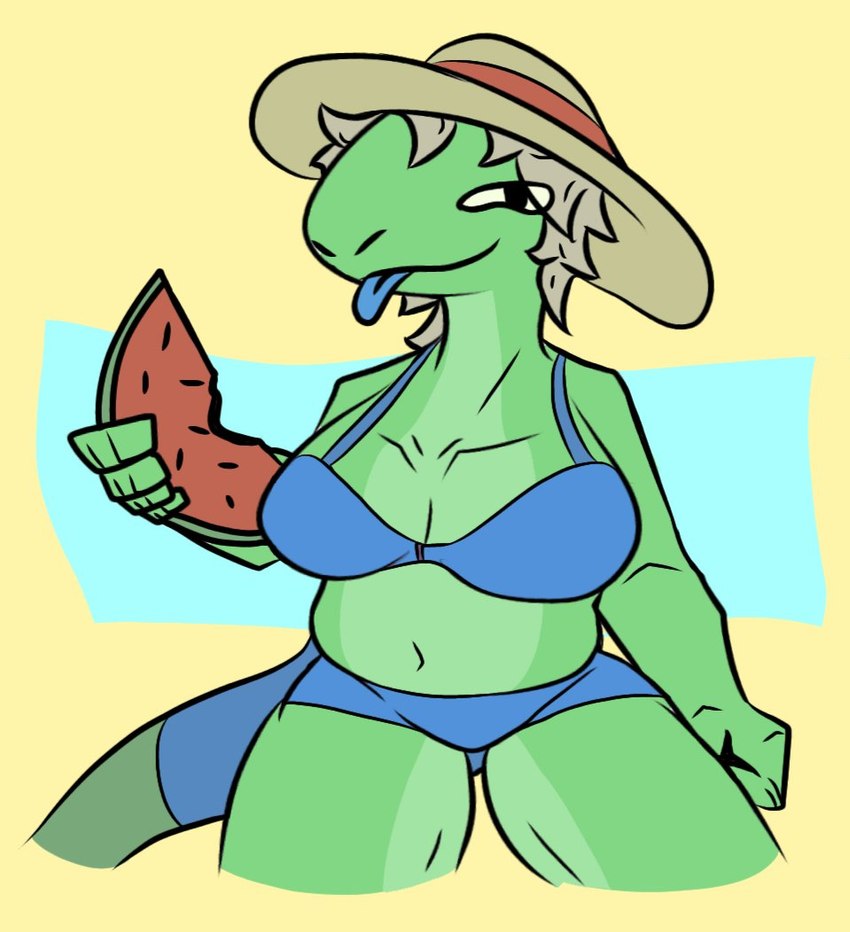 anthro belly bikini clothing female food fruit hat headgear headwear melon plant solo swimwear tongue two-piece_swimsuit watermelon zweiluke lizard reptile scalie