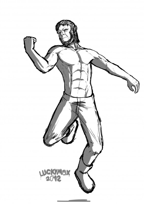 clothed clothing jumping male not_furry simple_background solo topless white_background luckymax2012 planet_of_the_apes dr._zaius ape haplorhine humanoid mammal primate absurd_res hi_res monochrome sketch