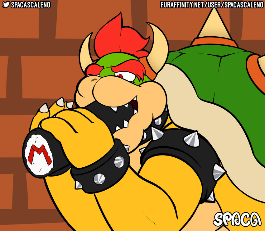 2_horns anthro brick_wall clothing collar ehomaki food hair horn makizushi male red_hair shell simple_background solo spiked_shell spikes spikes_(anatomy) sushi text wall_(structure) spaca mario_bros nintendo bowser koopa scalie absurd_res digital_media_(artwork) hi_res url