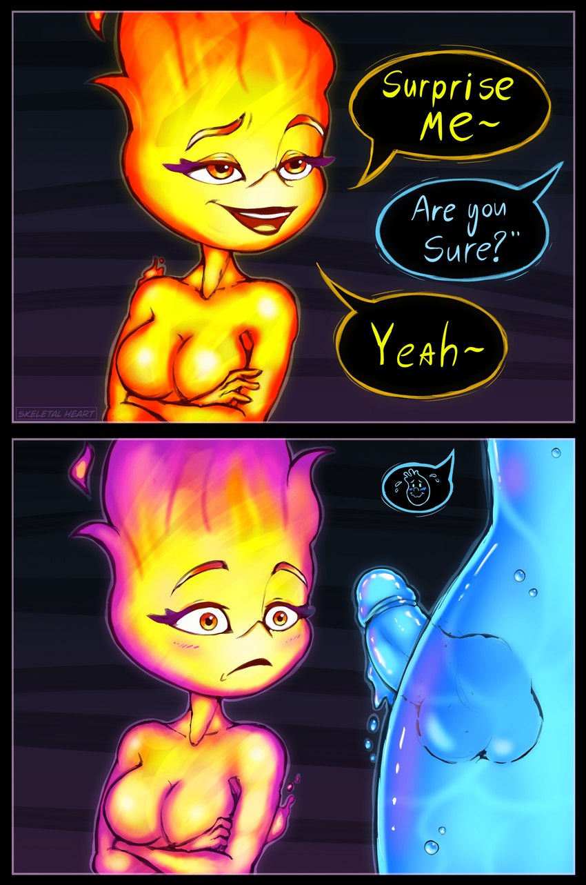 breasts dialogue faceless_character female fire fire_body flaming_hair genitals gradient_background humanoid_genitalia humanoid_penis male not_furry nude orange_eyes penis pseudo_hair simple_background smile water water_body skeletalheart disney elemental_(pixar) pixar ember_lumen wade_ripple elemental_creature elemental_humanoid fire_creature fire_humanoid humanoid water_creature water_humanoid 2023 absurd_res comic hi_res