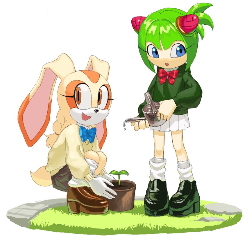 blue_eyes bottomwear bow_ribbon clothing crouching duo female fur loose_socks orange_body orange_eyes orange_fur plant pleated_skirt pseudo_hair skirt sweater topwear 3i8akira sega sonic_the_hedgehog_(series) sonic_x cosmo_the_seedrian cream_the_rabbit elemental_creature flora_fauna lagomorph leporid mammal rabbit seedrian hi_res