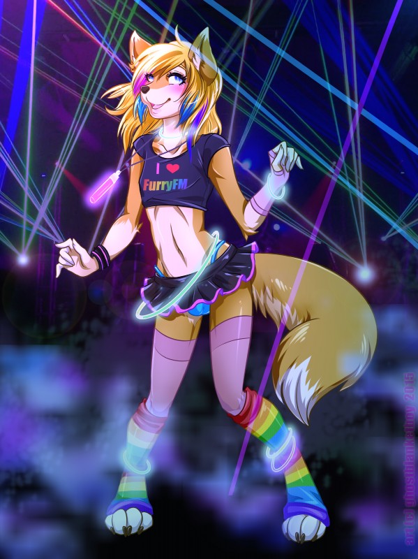 alternative_fashion anthro black_nose blonde_hair blush bottomwear bulge clothed clothing crossdressing dancing femboy furocity furryfm glowing glowstick hair knock-kneed legwear long_hair looking_at_viewer male midriff miniskirt navel panties rave scene_(fashion) scene_haircut shirt skimpy skirt smile solo stockings text text_on_clothing text_on_shirt text_on_topwear topwear underwear ghostblanketboy jessica_wolf canid canine canis mammal wolf 2015 absurd_res english_text hi_res