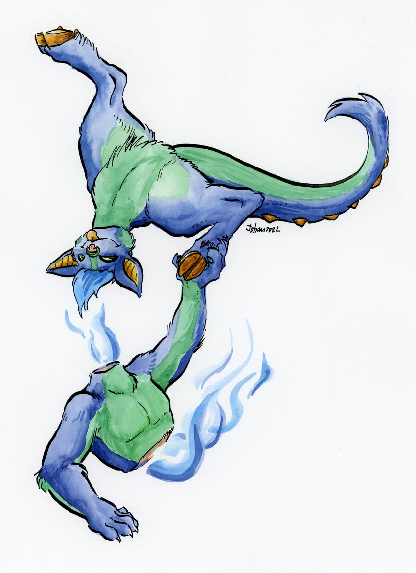 anthro armless blue_body blue_fire blue_fur cloven_hooves colored_fire countershading detachable fire flaming_neck fur happy hooves male modular pose solo spiked_tail spikes spikes_(anatomy) tail tan_body tan_countershading tongue tongue_out upside_down cervelet european_mythology irish_mythology mythology hearth_taxel chimera dullahan halfcut 2022 absurd_res hi_res signature traditional_media_(artwork)