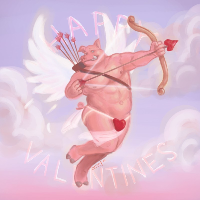 arrow_(weapon) bow_(weapon) clothing cloud cocked_bow heart_symbol holding_bow_(weapon) holding_object holding_ranged_weapon holding_weapon holidays jockstrap male musclegut muscular ranged_weapon solo tusks underwear weapon wings alexyorim valentine's_day cupid cupig_(alexyorim) domestic_pig flying_pig mammal suid suina sus_(pig) 1:1 2019 hi_res