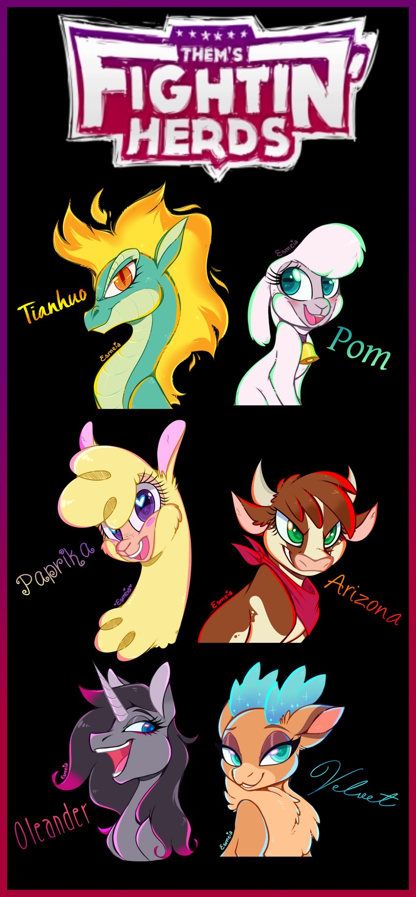 2_horns antlers bell bell_collar black_background black_hair blue_antlers blue_eyes blush blush_stickers brown_body brown_ears brown_fur brown_hair chest_tuft clothed clothed_feral clothing collar eyebrows eyelashes eyeshadow female feral feral_with_hair fire flaming_hair flaming_mane freckles fur gradient_text green_body green_eyes green_scales grey_body grey_ears grey_fur grey_horn grin group hair heart_eyes heart_symbol hooves horizontal_pupils horn kerchief kerchief_only lidded_eyes logo looking_at_viewer makeup mostly_nude multicolored_body multicolored_fur neck_tuft neckerchief neckerchief_only neckwear open_mouth open_smile orange_eyes pink_hair pink_inner_ear pink_nose pseudo_hair pseudo_mane pupils purple_eyes quadruped red_clothing red_kerchief red_neckerchief scales simple_background slit_pupils smile smirk standing tan_body tan_fur teal_eyes text tuft two_tone_body two_tone_fur unicorn_horn wool_(fur) yellow_body yellow_ears yellow_fur yellow_wool esmeia asian_mythology chinese_mythology east_asian_mythology mythology them's_fightin'_herds arizona_cow_(tfh) oleander_(tfh) paprika_paca_(tfh) pom_(tfh) tianhuo_(tfh) velvet_reindeer_(tfh) alpaca bovid bovine camelid caprine cattle deer domestic_sheep dragon equid equine hereford_cattle horse hybrid longma mammal mythological_creature mythological_equine mythological_scalie new_world_deer reindeer scalie sheep unicorn 2018 absurd_res digital_media_(artwork) english_text hi_res multiple_images signature