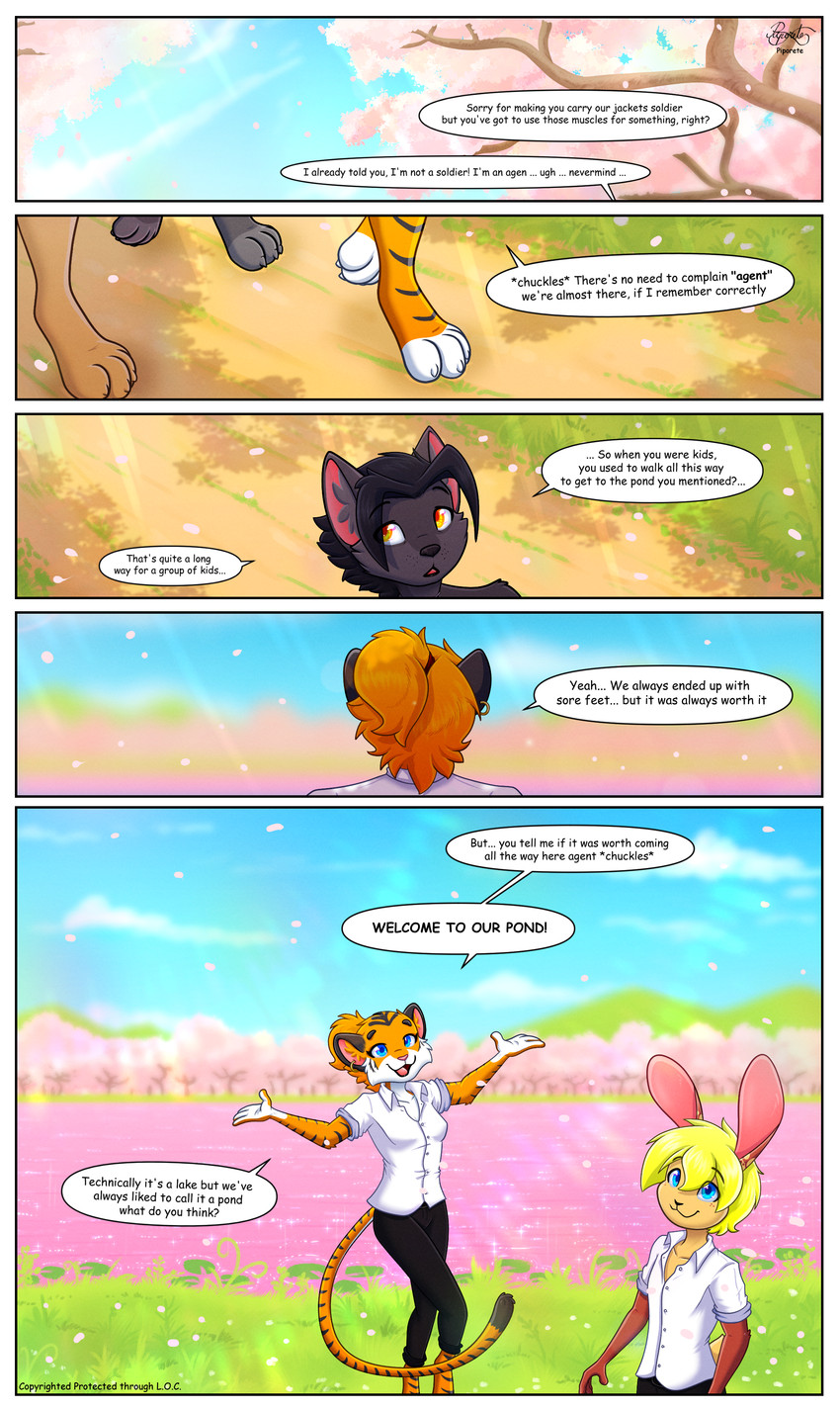4_fingers anthro black_body black_fur blue_eyes cherry_blossom clothed clothing day detailed_background ear_piercing ear_ring female fingers flower fur grass group light male nature nature_background orange_body orange_fur piercing plant prunus_(flower) ring_piercing sunlight text water yellow_body yellow_eyes yellow_fur piporete george_heartfields mrs._yorushika canid canine canis felid feline lagomorph leporid mammal pantherine rabbit tiger wolf 2026 absurd_res comic digital_drawing_(artwork) digital_media_(artwork) digital_painting_(artwork) english_text hi_res painting_(artwork) right_to_left signature