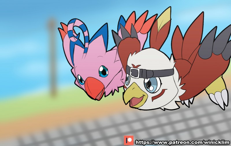 ambiguous_gender beak belt blue_eyes claws duo feathers feral flying open_mouth simple_background smile wings winick-lim bandai_namco digimon avian bird biyomon digimon_(species) hawkmon absurd_res hi_res