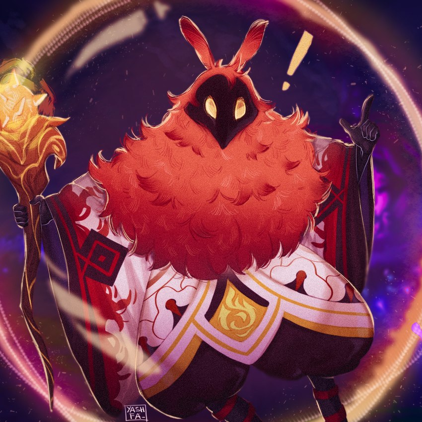 ambiguous_gender anthro beak black_body blurred_background clothed clothing empty_eyes exclamation_point feathers floating front_view holding_object holding_staff looking_at_viewer oversized_clothing red_body red_feathers solo staff yellow_eyes flinry genshin_impact mihoyo abyss_mage pyro_abyss_mage 1:1 hi_res