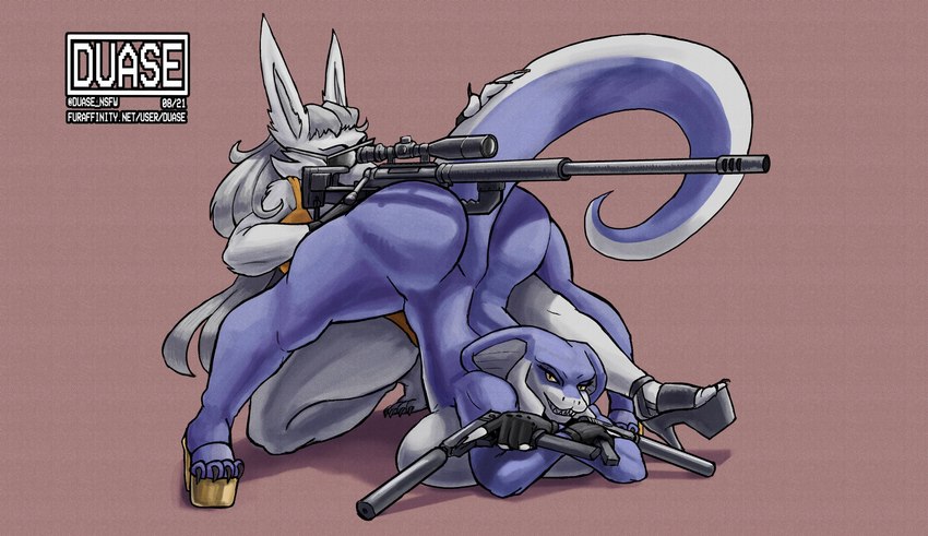 anthro ass_up big_breasts big_butt blue_body breast_squish breasts butt cephalic_fin clothed clothing duo eyewear female footwear fur gun handgun high_heels holding_gun holding_object holding_ranged_weapon holding_rifle holding_weapon huge_breasts huge_butt jack-o'_pose leotard looking_at_viewer m2000_intervention multicolored_body nude pistol platform_footwear platform_heels pose ranged_weapon rifle sharp_teeth shoes simple_background smile sniper_rifle squish sunglasses teeth text thick_thighs two_tone_body weapon white_body white_fur duase cobray_(duase) rasa_(duase) canid canine cobra mammal reptile scalie snake digital_media_(artwork) hi_res url