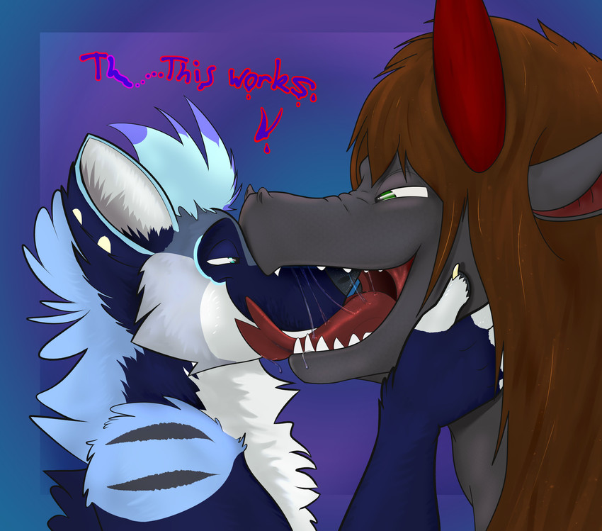 ambiguous_gender anthro blue_body blue_fur bodily_fluids brown_hair duo eye_contact forked_tongue fur grey_body hair licking looking_at_another narrowed_eyes open_mouth saliva saliva_string sharp_teeth simple_background size_difference teeth text tongue tongue_out edmiester european_mythology mythology mocha_aura nightraver canid canine canis domestic_dog dragon husky mammal mythological_creature mythological_scalie nordic_sled_dog scalie spitz western_dragon 2020 absurd_res english_text hi_res