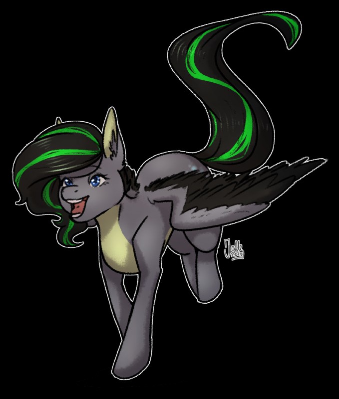 black_hair black_wings blue_eyes cutie_mark female feral flying fur green_hair grey_body grey_fur grey_wings hair happy smile solo striped_hair wings yellow_body yellow_fur jalle hasbro my_little_pony shay_shimmer equid equine horse mammal pony alpha_channel hi_res