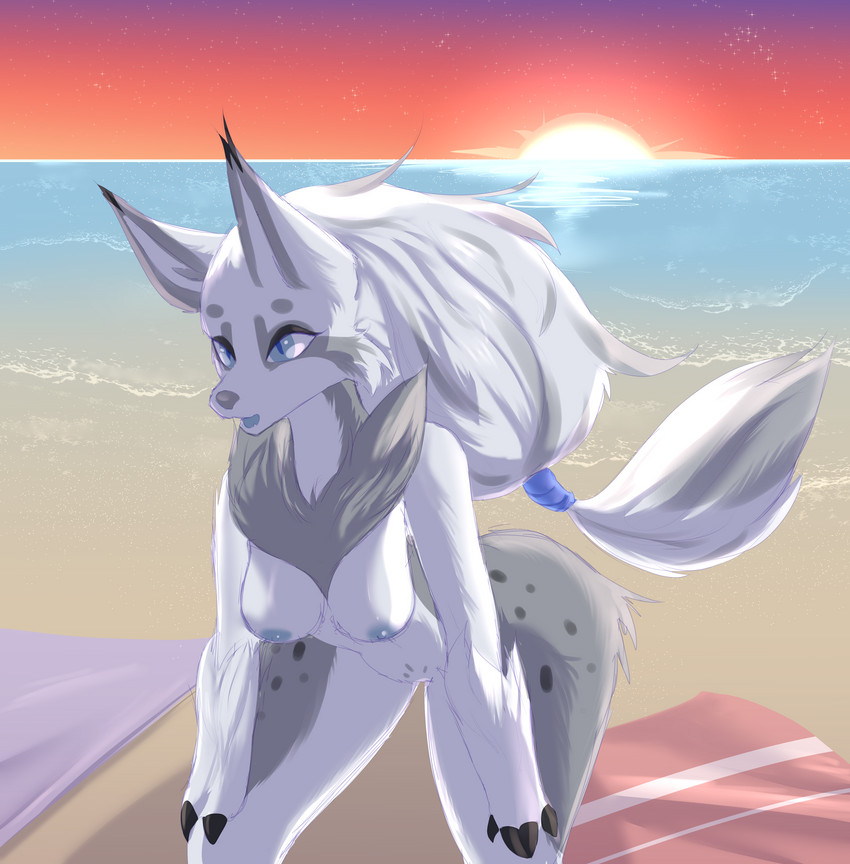 anthro beach bent_over detailed_background evening female hair looking_aside nipples nude outside ponytail sand seaside skinny solo towel water wave sinna_roll nintendo pokemon north_(zoroark) canid generation_5_pokemon mammal pokemon_(species) zoroark absurd_res hi_res