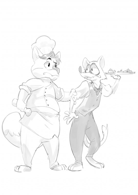 anthro apron bow_(feature) bow_tie chef_hat clothed clothing duo food food_tray fur hair hat headgear headwear male shirt simple_background topwear white_background lotf sexilydrawn disney zootopia gideon_grey travis_(zootopia) black-footed_ferret canid canine fox mammal mustelid musteline red_fox true_fox true_musteline weasel 2017 absurd_res digital_media_(artwork) hi_res monochrome story story_in_description