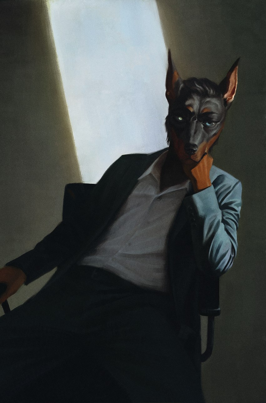 anthro blind blue_eyes chair clothed clothing disability furniture hair hand_on_head male sitting solo suit suit_jacket white_eyes bra1neater dominic_(dim333) canid canine canis dobermann domestic_dog mammal pinscher 2023 digital_media_(artwork) hi_res portrait