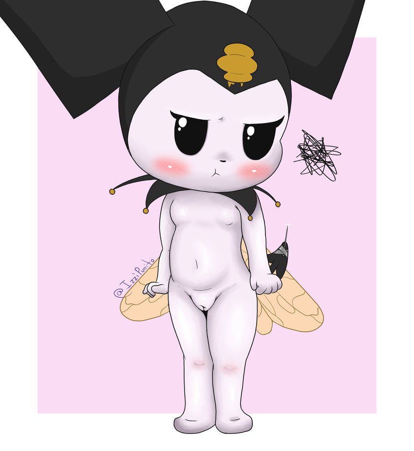 annoyed anthro bee_costume chibi clothing embarrassed female fool's_hat genitals hat headgear headwear insect_wings kemono looking_away navel nude pouting puffed_cheeks pussy simple_eyes solo spade_tail stinger tail white_body wings young izzipurrito onegai_my_melody sanrio kuromi arthropod bee hymenopteran insect lagomorph leporid mammal rabbit absurd_res hi_res