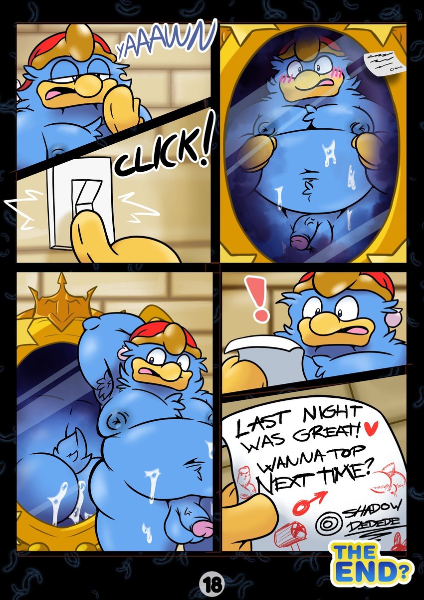 after_sex anthro beak bodily_fluids feathers genitals male mirror mirror_reflection nipples note nude open_mouth overweight overweight_male panel_skew penis reflection solo text el_booki kirby_(series) nintendo king_dedede avian bird penguin 2021 comic digital_media_(artwork) english_text hi_res