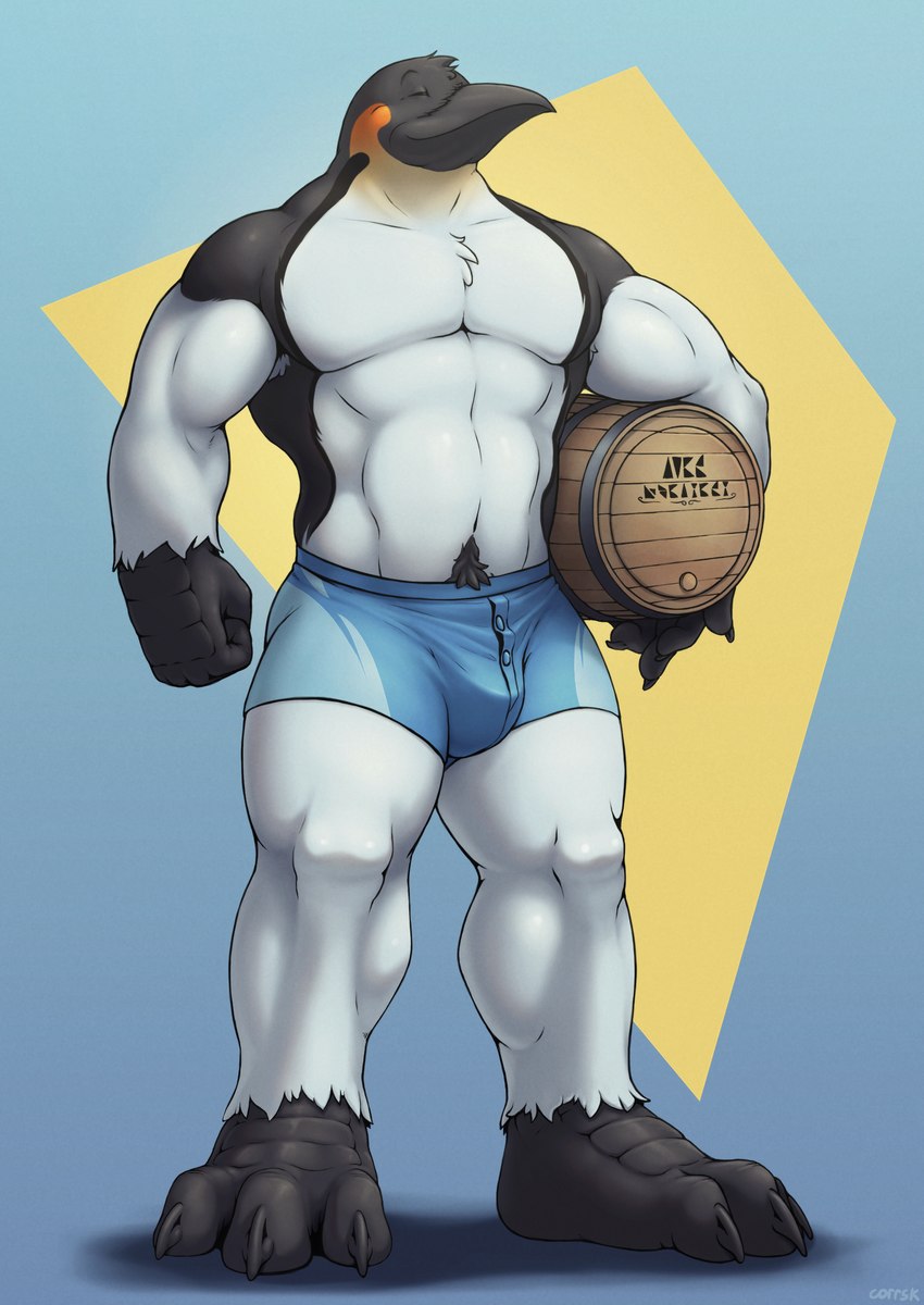 anthro armpit_hair barrel beak big_feet big_muscles body_hair bottomwear bulge chest_tuft clothed clothing eyes_closed feet happy_trail male muscular muscular_anthro muscular_male paws pecs shorts simple_background smile solo swimwear topless tuft corrsk tiber_(corrsk) avian bird penguin digital_media_(artwork) hi_res