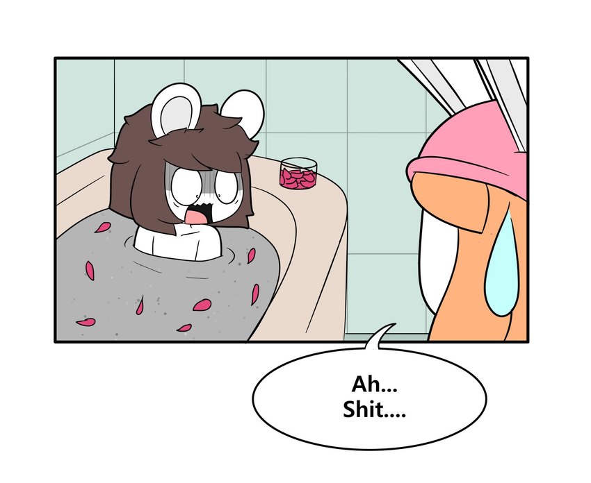 anthro bathtub brown_hair clothing dialogue duo hair hat headgear headwear partially_submerged speech_bubble text water tonytoran tina_(tonytoran) tony_(tonytoran) chinchilla chinchillid lagomorph leporid mammal rabbit rodent comic english_text