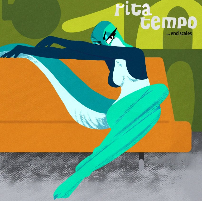 anthro breasts cleavage clothed clothing featureless_breasts female furniture green_body green_scales scales sitting sofa solo ghostmussa_(artist) cross_country_detours looney_tunes merrie_melodies tex_avery warner_brothers rita_skopt lizard reptile scalie 2021 album_cover cover hi_res