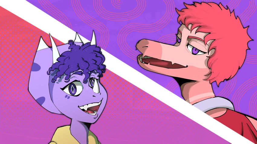 abstract_background anthro biped clothed clothed_anthro clothed_female clothed_male clothing duo electronics eyebrows female hair happy head_turned headphones headphones_around_neck hoodie horn looking_at_viewer looking_back male markings open_mouth open_smile pink_body pink_hair pink_scales purple_body purple_eyes purple_hair purple_scales red_clothing red_shirt red_tank_top red_topwear scales shirt short_hair smile spots spotted_markings tank_top teeth topwear yellow_clothing yellow_hoodie yellow_topwear espectro111222 cavemanon_studios goodbye_volcano_high snoot_game reed_(gvh) trish_(gvh) ceratopsian dinosaur dromaeosaurid ornithischian prehistoric_species reptile scalie theropod triceratops velociraptor 16:9 2024 bust_portrait colored hi_res portrait widescreen