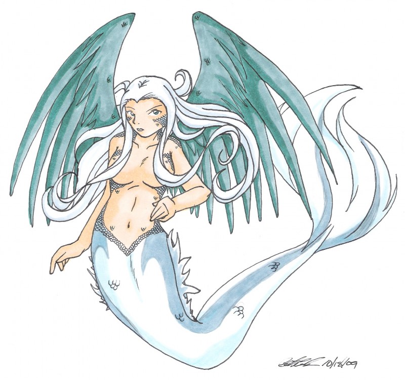 breasts feathered_wings feathers female fin hair long_hair looking_at_viewer nude scales simple_background solo split_form stripes white_background white_hair wings koshkio avian bird fish humanoid marine merfolk mixed scalie hi_res signature