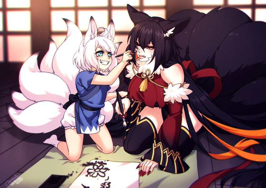 5_fingers 7_tails 8_tails adolescent ahoge annoyed asian_clothing big_breasts black_body black_clothing black_ears black_fur black_hair black_inner_ear black_legwear black_stockings black_tail black_tail_tip black_thigh_highs blue_clothing blue_eyes blue_shirt blue_topwear bodily_fluids body_writing breasts brush calligraphy calligraphy_brush clothed clothing clothing_bow cloverleaf_knot colored_nails day dipstick_ears dipstick_tail duo ear_markings east_asian_clothing eye_contact eyelashes eyeliner female fingers fluffy fluffy_tail footwear fully_clothed fur fur_trim_(clothing) grin hair holding_brush holding_object holding_paintbrush humanoid_hands inner_ear_fluff inside japanese_clothing kneeling legwear light_body light_skin lips long_hair looking_at_another makeup markings monotone_body monotone_fur monotone_hair monotone_tail multi_tail multicolored_body multicolored_ears multicolored_fur multicolored_hair multicolored_tail nails orange_hair paintbrush pink_lips red_bow red_clothing red_eyeliner red_eyes red_nails red_ribbon red_topwear shirt short_hair smile socks stockings sweat sweatdrop tail tail_markings tassels thigh_highs topwear tuft two_tone_body two_tone_ears two_tone_fur two_tone_hair two_tone_tail white_body white_clothing white_ears white_footwear white_fur white_hair white_inner_ear white_inner_ear_fluff white_socks white_tail window writing_on_face young crescentia_fortuna animal_humanoid canid canid_humanoid canine canine_humanoid fox_humanoid humanoid mammal mammal_humanoid colored digital_media_(artwork) shaded daughter_(lore) mother_(lore) mother_and_child_(lore) mother_and_daughter_(lore) parent_(lore) parent_and_child_(lore) parent_and_daughter_(lore)