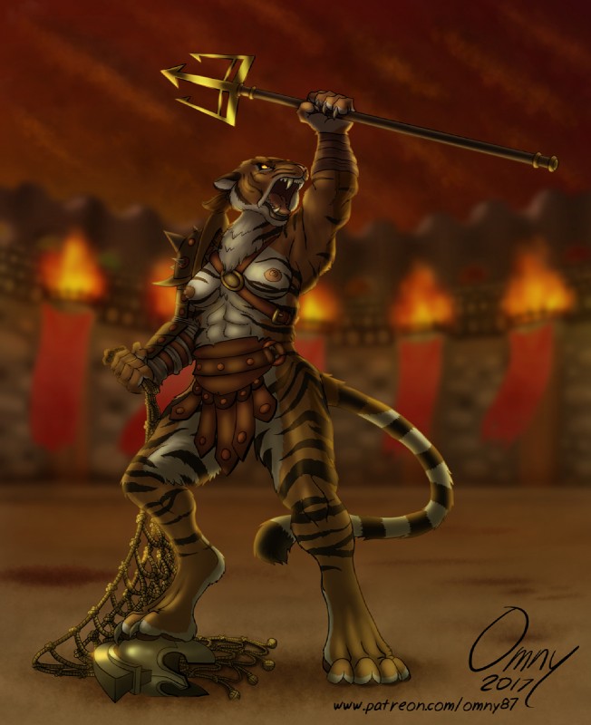 anthro arena armor breasts clothed clothing female gladiator headgear helmet holding_net holding_object holding_weapon melee_weapon muscular muscular_anthro muscular_female net nipples pauldron polearm retiarius roaring solo text throw_net topless trident warrior weapon omny87 felid mammal pantherine tiger hi_res url warm_colors