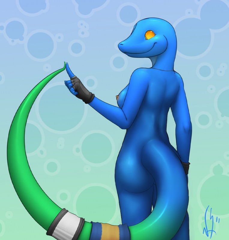 anthro biped breasts butt casual_nudity clothing female fingerless_gloves gloves handwear nipples non-mammal_breasts non-mammal_nipples nude smile solo standing tail third-party_edit vader-san eliza_(vader-san) anole blue_anole lizard reptile scalie