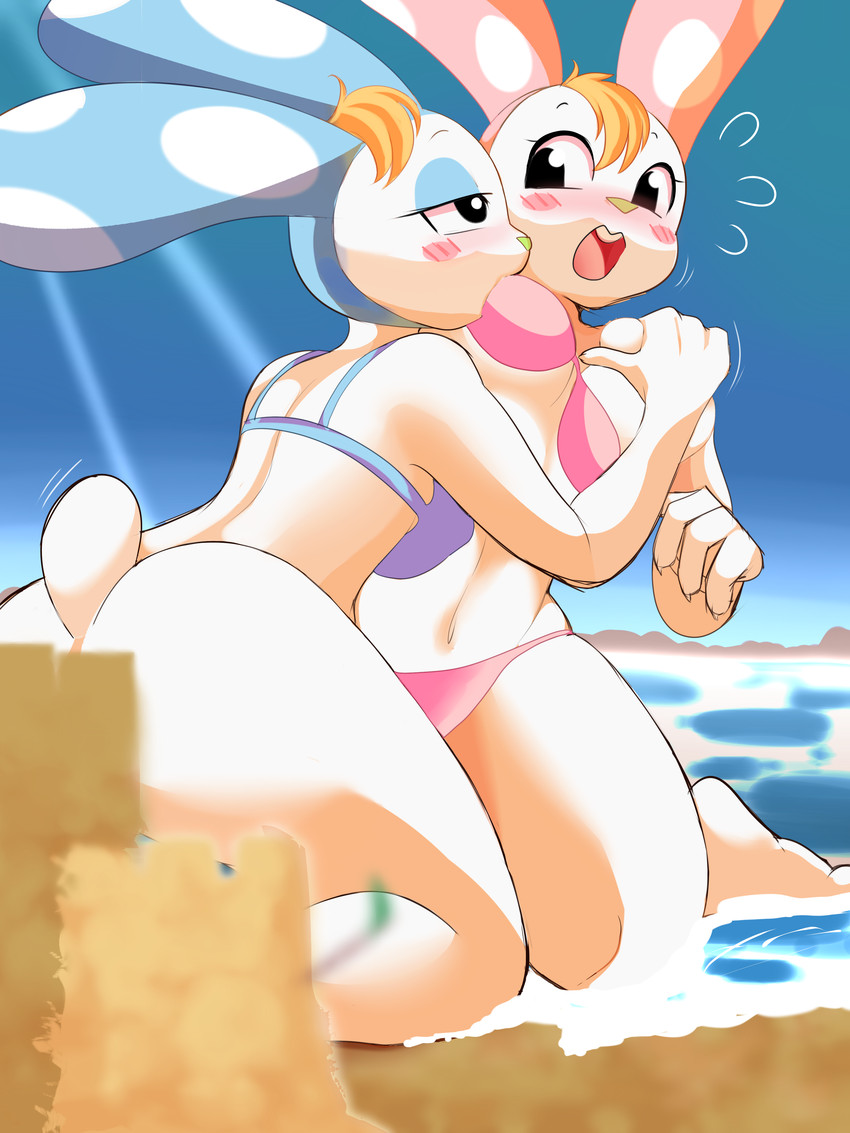 anthro assisted_exposure beach blonde_hair blush breast_grab breasts clothing convenient_censorship duo embarrassed female female/female hair hand_on_breast kneeling navel outside sand sand_castle sculpture seaside swimwear englam animal_crossing nintendo chrissy_(animal_crossing) francine_(animal_crossing) lagomorph leporid mammal rabbit 3:4 absurd_res censored hi_res incest_(lore) sibling_(lore) sister_(lore) sisters_(lore)