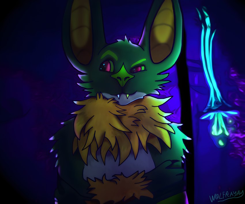 anthro cave detailed_background fangs fur gold_(metal) gold_tooth green_body green_fur male red_eyes solo teeth upside_down yellow_body yellow_fur wolfrayay twyzell bat mammal megabat absurd_res colored digital_drawing_(artwork) digital_media_(artwork) half-length_portrait hi_res portrait shaded