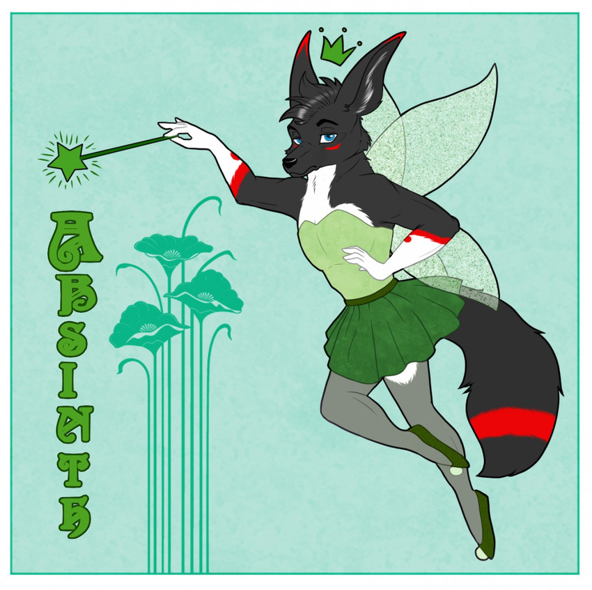 absinthe_(drink) alcohol anthro beverage clothed clothing crossdressing femboy fur green_fairy hair insect_wings label male solo wand wings dunnowhattowrite absinthe pasterz pokefox fairy digital_media_(artwork) hi_res