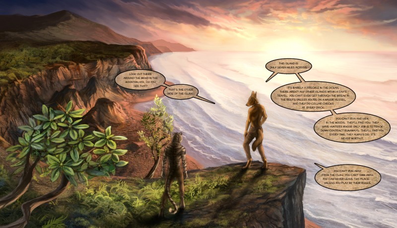 anthro beach bottomwear clothed clothing cloud detailed_background dialogue duo furgonomic_bottomwear furgonomics high-angle_view landscape male mountain nature outside plant rear_view scenery scenic_view sea seaside sky slave standing sunset tail tail_button_bottoms tail_clothing text topless tree water wood rukis red_lantern amon_(rukis) dhaval_(character) canid canine canis felid jackal mammal pantherine tiger comic digital_media_(artwork) english_text hi_res