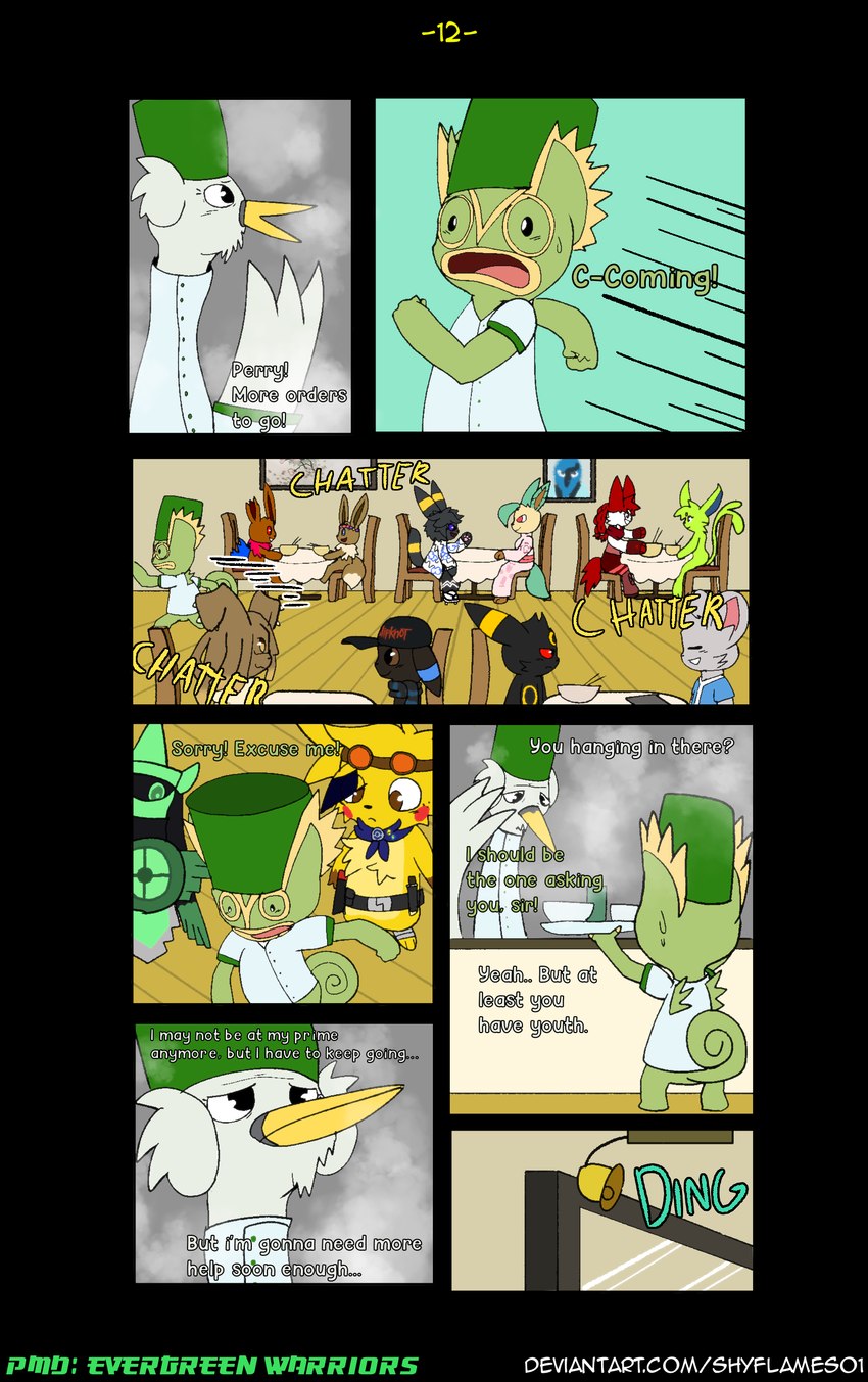 7_panel_comic ambiguous_gender beak bell biped black_eyes black_nose blue_eyes brown_eyes chair clothed clothing cutlery dialogue door ellipsis exclamation_point eyes_closed floor fluffy fluffy_tail fur furniture green_clothing green_hat green_headwear green_text group hair hat headgear headwear inside kitchen_utensils leaf leaf_tail looking_at_another male neck_tuft notched_ear on_chair open_mouth page_number painting_(object) pawpads paws plate pupils question_mark red_eyes restaurant running sitting sitting_on_chair sound_effects spoon table tail talking_to_another text tongue tools tuft wall_(structure) wearing_hat white_pupils white_sclera white_text wood wood_floor wood_furniture wood_table yellow_beak yellow_text shyflames01 nintendo pokemon pokemon_mystery_dungeon spike_chunsoft eevee eeveelution espeon generation_1_pokemon generation_2_pokemon generation_3_pokemon generation_5_pokemon kecleon pokemon_(species) shiny_pokemon swanna umbreon 2024 absurd_res comic digital_media_(artwork) english_text hi_res url