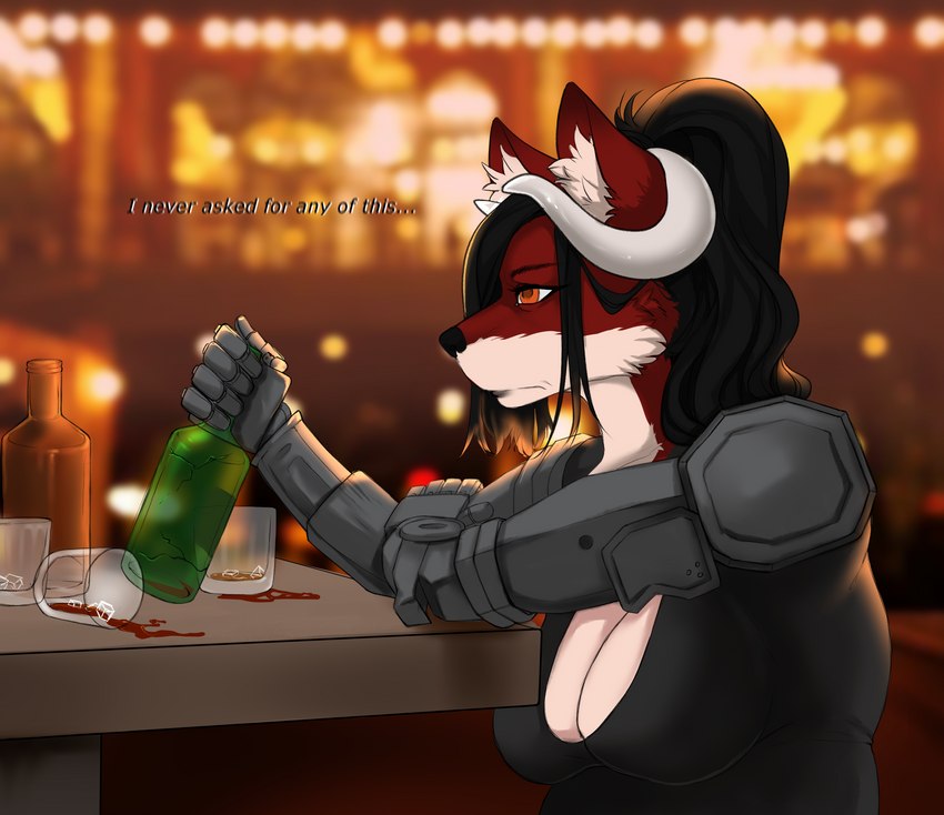 alcohol alcoholic amber_eyes anthro beverage black_hair black_nose breasts clothing cybernetics ear_tuft female fur hair holding_object horn machine ponytail prosthetic prosthetic_arm prosthetic_hand prosthetic_limb red_body red_fur sad shirt slightly_chubby solo text topwear tuft white_body white_fur nastynatalie sigma_au zoey_lavender canid canine cyborg fox mammal red_fox true_fox absurd_res hi_res