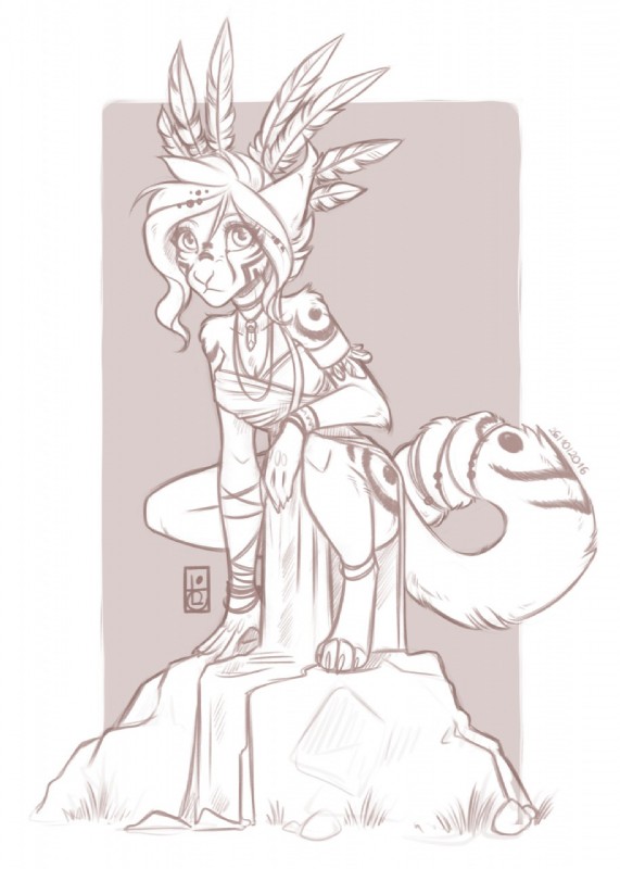 big_ears big_eyes clothing crystal feathers female hair hunter jewelry magic_user markings native necklace rock shaman short_hair solo tattoo tribal_spellcaster felidre_(artist) felidre_(character) domestic_cat felid feline felis mammal hi_res sketch