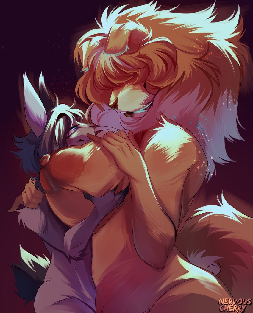 anthro areola big_areola big_breasts breast_grab breasts duo ears_up excessive_fluff eye_contact female fluffy fluffy_tail hair hair_over_eyes hand_behind_back hand_on_breast huge_breasts looking_at_another looking_down looking_up male male/female raised_tail size_difference tail nervouscherry juno_(charliecorvinus) canid canine canis domestic_dog lagomorph leporid livestock_guardian_dog mammal molosser mountain_dog pastoral_dog rabbit tibetan_mountain_dog absurd_res hi_res