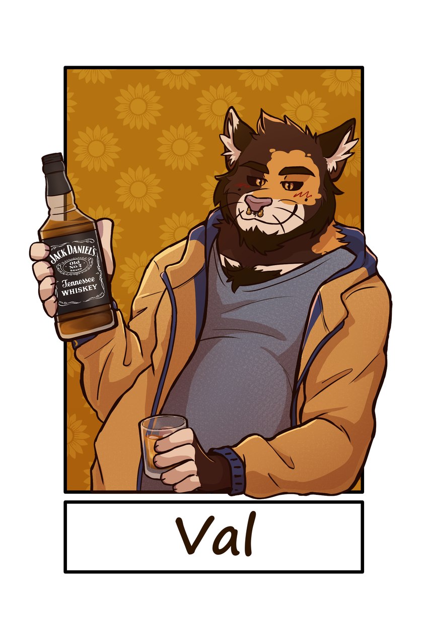 alcohol anthro arm_support beard beverage black_sclera body_hair bottle brown_body brown_fur chest_hair clothing container dark_sclera facial_hair facial_piercing fur fur_markings glass holding_bottle holding_container holding_object ice inner_ear_fluff jacket leaning leaning_on_elbow looking_at_viewer male markings nose_piercing orange_body orange_eyes orange_fur piercing smile solo tan_body tan_fur topwear tuft whiskers whiskey tracho jack_daniel's val_(valmichim) calico_cat domestic_cat felid feline felis mammal half-length_portrait hi_res portrait